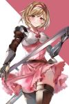  1girl bangs belt blonde_hair blush boots breasts brown_eyes brown_footwear closed_mouth djeeta_(granblue_fantasy) dress fighter_(granblue_fantasy) gauntlets granblue_fantasy hairband highres hinahino looking_at_viewer medium_breasts pink_background pink_dress pink_hairband puffy_sleeves sheath short_hair smile solo swept_bangs sword thigh-highs thigh_boots thighs two-tone_background weapon white_background 