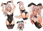  1girl ? alternate_costume amakaze animal_ears armpits arms_up ass back bangs bare_shoulders bent_over black_leotard blue_eyes blush bow bowtie breasts bunny_girl bunny_tail bunnysuit chibi chibi_inset commentary_request covered_navel cropped_legs detached_collar drink eyebrows_visible_through_hair fake_animal_ears fake_tail flower from_behind groin hair_flower hair_ornament heart holding holding_tray kantai_collection leotard long_hair looking_at_viewer multiple_views navel one-piece_tan open_mouth rabbit_ears ro-500_(kantai_collection) shoulder_blades sidelocks simple_background small_breasts smile sparkle strapless strapless_leotard tail tan tanline thigh-highs tray white_hair wrist_cuffs 