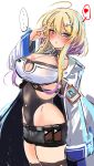  ... 1girl ahoge arm_at_side azur_lane bangs black_shorts blonde_hair blue_eyes blush breast_tattoo breasts center_opening cleavage_cutout closed_mouth covered_navel embarrassed from_side gradient_hair groin gyaru heart hey_taishou highres id_card large_breasts looking_at_viewer manicure marblehead_(azur_lane) multicolored_hair navel navel_piercing piercing purple_hair short_hair_with_long_locks shorts sidelocks sketch solo spoken_ellipsis spoken_heart standing tattoo 