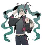  1girl 39 alternate_costume arm_up bangs belt belt_buckle black_belt blue_eyes blue_hair bomber_jacket breasts buckle ching_yeh collar collared_jacket commentary cytus detached_sleeves grey_jacket grey_pants grey_shirt grey_sleeves hair_between_eyes hair_ornament hatsune_miku highres jacket long_hair long_sleeves looking_at_viewer neckwear official_art open_mouth pants shirt shoulder_tattoo simple_background smile solo standing tattoo teeth turtleneck twintails upper_body very_long_hair vocaloid white_background 