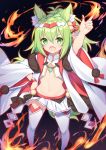  1girl :d absurdres animal_ear_fluff animal_ears arm_up azur_lane bell black_background blurry commentary_request crop_top fang fire flat_chest fox_ears fox_girl fox_tail fur_trim gold_trim green_eyes green_hair hair_ornament hand_on_hip highres isokaze_(azur_lane) isokaze_(new_year&#039;s_battle)_(azur_lane) japanese_clothes jewelry jingle_bell long_hair looking_at_viewer midriff miniskirt navel necklace open_mouth pleated_skirt shirt simple_background skirt smile solo standing stomach tail takeg05 thigh-highs white_legwear white_shirt white_skirt wide_sleeves zettai_ryouiki 