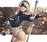  1girl artist_name ass black_headband blade concept_art headband highres juliet_sleeves katana leotard long_sleeves nature nier_(series) nier_automata parted_lips puffy_sleeves shiraishiku signature sword thigh-highs thighs tree weapon white_hair white_leotard yorha_no._2_type_b 