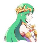  1girl armlet artsy-rc bare_shoulders breasts closed_mouth diadem dress eyelashes green_eyes green_hair highres jewelry kid_icarus kid_icarus_uprising long_hair medium_breasts necklace palutena profile simple_background smile solo strapless strapless_dress symbol_commentary upper_body white_background white_dress 