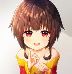  1girl absurdres bangs bare_shoulders blush brown_hair child clenched_hand collarbone commentary_request dress eyebrows_visible_through_hair face highres kono_subarashii_sekai_ni_shukufuku_wo! long_sleeves looking_at_viewer megumin red_dress red_eyes renroujiang short_hair_with_long_locks smile solo tearing_up upper_teeth 