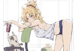 1girl bangs bare_shoulders blonde_eyebrows blue_shorts blush braid breasts can cat chair closed_mouth fate/apocrypha fate_(series) female_only french_braid green_eyes hair_ornament hair_scrunchie highres long_hair looking_at_viewer mordred_(fate) mordred_(fate)_(all) parted_bangs ponytail red_scrunchie scrunchie short_shorts shorts sidelocks small_breasts soda_can thighs tonee white_tank_top