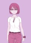  1girl denim eyewear_removed glasses highres jeans limited_palette mole mole_under_mouth original pants sakaki_imasato shirt short_hair simple_background solo t-shirt watch watch 