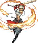  1girl abs bandaged_arm bandages bangs bare_shoulders biceps boots breasts club dark_skin facial_mark fire fire_emblem fire_emblem_fates fire_emblem_heroes full_body fur_trim highres holding holding_weapon kanabou lips mask mask_on_head medium_breasts midriff muscle muscular_female navel official_art open_mouth pants rinkah_(fire_emblem) sarashi solo spiked_club stomach toshiyuki_kusakihara weapon 