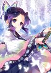  1girl bangs black_hair black_jacket black_skirt butterfly_hair_ornament closed_mouth commentary_request ech eyebrows_visible_through_hair gradient_hair hair_ornament holding holding_sword holding_weapon jacket katana kimetsu_no_yaiba kochou_shinobu long_sleeves multicolored_hair open_clothes parted_bangs pleated_skirt purple_hair sheath sidelocks skirt smile solo sword two-handed unsheathing violet_eyes weapon wide_sleeves 