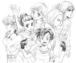  6+girls :d android_18 arms_at_sides bare_shoulders belt black_eyes black_gloves black_hair blush breasts bulma buttons chi-chi_(dragon_ball) china_dress chinese_clothes clenched_hands closed_mouth coat collarbone commentary crop_top curly_hair dragon_ball dragon_ball_(classic) dragon_ball_z dress earrings english_commentary eyebrows_visible_through_hair eyelashes fingerless_gloves fingernails floating_hair from_side frown gloves greyscale hair_bun hair_ribbon hand_on_hip hand_up hands_up happy hime_cut hoop_earrings jewelry long_hair long_sleeves looking_at_viewer looking_away looking_back lunch_(dragon_ball) mai_(dragon_ball) medium_breasts midriff monochrome multiple_girls neckerchief open_mouth parted_lips profile ribbon shirt short_hair shorts simple_background smi2e2f31 smile spiky_hair straight_hair upper_body very_short_hair videl waistcoat waving white_background wide-eyed 