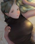  1girl arknights bed_sheet black_shirt breasts estcc green_eyes green_hair hand_on_own_chest highres horn hoshiguma_(arknights) large_breasts looking_at_viewer lying on_back oni_horn oni_horns parted_lips pointy_ears shirt skin-covered_horns sleeveless sleeveless_shirt 