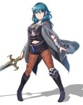  1girl absurdres armor black_shorts blue_eyes blue_hair byleth_(fire_emblem) byleth_eisner_(female) closed_mouth dagger fire_emblem fire_emblem:_three_houses full_moon grimmelsdathird highres holding holding_sword holding_weapon moon navel_cutout pantyhose sheath sheathed short_shorts shorts simple_background solo sword weapon white_background 