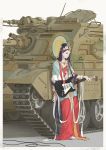  1girl absurdly_long_hair barefoot black_hair border closed_mouth electric_guitar flower ground_vehicle guitar hair_flower hair_ornament halo highres instrument jewelry long_hair long_skirt long_sleeves looking_at_viewer military military_vehicle motor_vehicle necklace nekohara_peninsula original red_skirt skirt solo standing tank very_long_hair white_border 