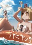  6+girls absurdres bangs barefoot bikini black_bikini blonde_hair blue_sky braid breasts closed_eyes closed_mouth clouds day eyebrows_visible_through_hair fate/apocrypha fate/extra fate/grand_order fate_(series) flag flat_chest giantess hair_ribbon highres holding holding_flag horns ibaraki_douji_(fate/grand_order) innertube jack_the_ripper_(fate/apocrypha) jeanne_d&#039;arc_(fate)_(all) jeanne_d&#039;arc_alter_santa_lily long_hair lying multiple_girls navel nursery_rhyme_(fate/extra) ocean on_back on_stomach parted_lips paul_bunyan_(fate/grand_order) purple_hair ribbon saruchitan seaside_luxury shading_eyes silver_hair sitting sky small_breasts smile sunglasses swimsuit tattoo twin_braids twintails very_long_hair white_bikini wu_zetian_(fate/grand_order) yellow_eyes 