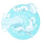  alolan_form alolan_ninetales alolan_vulpix blue_background closed_eyes creature facing_another full_body gen_7_pokemon highres looking_at_another no_humans nyareung pokemon pokemon_(creature) round_image smile walking white_theme 