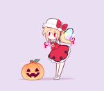  1girl arms_behind_back ascot astroamoeba blonde_hair blush_stickers bow brooch chibi flandre_scarlet frills full_body glowing glowing_wings hat hat_bow jack-o&#039;-lantern jewelry leaning_forward mob_cap no_mouth no_nose no_shoes pink_background pumpkin red_eyes side_ponytail simple_background skirt skirt_set socks solo touhou wings yellow_neckwear |_| 