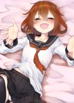  1girl :d bed_sheet black_legwear black_sailor_collar black_skirt blush brown_eyes brown_hair collarbone commentary_request fang hair_between_eyes hair_ornament hairclip highres ikazuchi_(kantai_collection) kamidanomi kantai_collection long_sleeves neckerchief open_mouth panties pleated_skirt red_neckwear sailor_collar school_uniform serafuku short_hair skirt smile solo thigh-highs underwear white_panties 