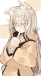  1girl animal_ears blush bubble_tea cat_ears drinking drinking_straw grey_hair hair_between_eyes highres hood hoodie long_hair original otokuyou sleeves_past_wrists solo yellow_eyes yoru_(tsunekichi) 