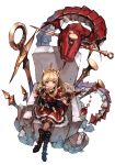  1girl bangs black_footwear black_legwear blonde_hair blush book boots bracelet cagliostro_(granblue_fantasy) cape chair crossed_legs dragon from_above granblue_fantasy hairband hankuri holding holding_book jewelry long_hair looking_at_viewer looking_up nail open_book open_mouth ouroboros_(granblue_fantasy) red_skirt simple_background sitting skirt smile solo thigh-highs tiara violet_eyes white_background 