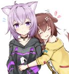  2girls absurdres ahoge animal_ears bangs black_outline blush bone_hair_ornament braid brown_hair cat_ears choker closed_eyes collarbone commentary dog_ears dog_tail fangs flying_sweatdrops food heart highres hololive hug inugami_korone multiple_girls nekomata_okayu onigiri outline purple_hair recia simple_background sketch smile tail tail_wagging violet_eyes white_background yuri 