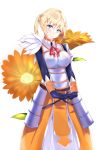  1girl absurdres armor armored_dress blonde_hair blue_eyes blush breasts commentary_request darkness_(konosuba) eyebrows_visible_through_hair flower gloves hair_ornament harusame_soup highres kono_subarashii_sekai_ni_shukufuku_wo! large_breasts long_hair looking_at_viewer orange_flower ponytail red_ribbon ribbon smile solo white_background x_hair_ornament 