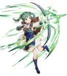  1girl arrow backpack bag bangs boots bow_(weapon) bridal_gauntlets dress fire_emblem fire_emblem_fates fire_emblem_heroes full_body green_hair highres holding holding_bow_(weapon) holding_weapon japanese_clothes kimono leg_up long_hair long_sleeves looking_away midori_(fire_emblem) mikurou_(nayuta) official_art shiny shiny_hair smile solo tied_hair tongue tongue_out transparent_background twintails violet_eyes weapon 