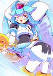  1girl absurdres android blush bodysuit commentary gloves helmet highres holding jewelry long_hair looking_at_viewer merry_christmas open_mouth pandora_(rockman) red_eyes rockman rockman_zx shoutaro_saito smile solo staff weapon 
