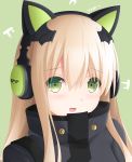  1girl blonde_hair blush girls_frontline green_eyes grey_background headphones highres jacket keenh long_hair looking_at_viewer open_mouth solo_focus tmp_(girls_frontline) 