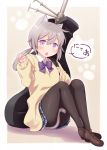  1girl alternate_costume animal_ears bangs black_legwear blue_bow blue_skirt bolt_action bow brown_footwear brown_sweater cat_ears cat_girl cat_tail cheytac_m200 claw_pose collared_shirt commentary_request diagonal_stripes eyebrows_visible_through_hair full_body girls_frontline grey_hair gun hair_between_eyes hand_up haradaiko_(arata_himeko) highres kemonomimi_mode knees_up loafers long_hair long_sleeves looking_at_viewer low_twintails m200_(girls_frontline) object_namesake pantyhose plaid plaid_skirt pleated_skirt rifle shirt shoes sidelocks sitting skirt sleeves_past_wrists sniper_rifle solo striped striped_bow sweater tail translated twintails violet_eyes weapon white_shirt 
