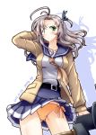  1girl 547th_sy artist_name ass_visible_through_thighs beige_cardigan cardigan contrapposto dated green_eyes grey_hair kantai_collection kinugasa_(kantai_collection) looking_at_viewer machinery necktie one_side_up open_cardigan open_clothes orange_panties panties pleated_skirt purple_sailor_collar purple_skirt remodel_(kantai_collection) sailor_collar school_uniform serafuku side-tie_panties skirt solo standing thigh-highs underwear white_background yellow_neckwear 