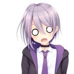  1girl bangs black_jacket choker collared_shirt earrings eyebrows_visible_through_hair hair_between_eyes highres iwamoto_sora jacket jewelry kaga_sumire lavender_hair looking_at_viewer lupinus_virtual_games medium_hair necktie o_o open_clothes open_jacket open_mouth purple_neckwear shiny shiny_hair shirt simple_background swept_bangs upper_body virtual_youtuber white_background white_shirt 