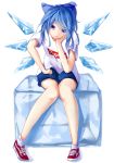  1girl blue_eyes blue_hair bow cirno frown hair_bow hand_on_own_face highres hoshitokikei shirt shorts supreme touhou vans white_shirt 