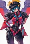  autobot blue_eyes geisha hand_on_hip looking_to_the_side matk0210 mecha mecha_musume mechanical_wings robot robot_joints smirk transformers white_background windblade wings 