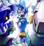  1girl android blue_eyes blue_hair bodysuit boots helmet high_heels leviathan_(rockman) looking_at_viewer rockman rockman_zero smile thigh-highs thigh_boots yuriyuri_(ccc) 