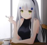  1girl bangs black_shirt blue_hair breasts collarbone cup girls_frontline green_eyes hairband highres hk416_(girls_frontline) jewelry keenh large_breasts long_hair looking_at_viewer medium_breasts ribbed_sweater ring shirt simple_background smile solo sweater teacup wedding_ring 