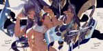  1girl animal_ears back bare_shoulders bracelet breasts dark_skin earrings egyptian egyptian_clothes facepaint facial_mark fate/grand_order fate_(series) high_ponytail highres hoop_earrings jackal_ears jewelry long_hair low-tied_long_hair medium_breasts navel nitocris_(fate/grand_order) open_mouth purple_hair rei_(sanbonzakura) sidelocks solo violet_eyes 