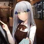  1girl absurdres alternate_costume apron barista bow bowtie commentary credit_card expressionless facial_mark girls_frontline giving green_eyes hair_ornament highres hk416_(girls_frontline) long_hair long_sleeves looking_at_viewer menu_board pn_pixi silver_hair solo teardrop touchscreen very_long_hair 