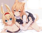  2girls absurdres alice_margatroid animal_ears arm_grab bangs bare_shoulders black_bra black_dress blonde_hair blue_eyes blush bra braid breasts commentary_request dress eyebrows_visible_through_hair feet_out_of_frame grabbing hair_between_eyes hairband highres indoors kemonomimi_mode kirisame_marisa large_breasts long_hair long_sleeves looking_at_another looking_at_viewer lying multiple_girls no_hat no_headwear on_stomach petticoat puffy_short_sleeves puffy_sleeves rabbit_ears red_hairband shiki_(s1k1xxx) shirt short_dress short_hair short_sleeves single_braid smile strap_slip tail thighs touhou underwear white_shirt wolf_ears wolf_tail yellow_eyes yuri 