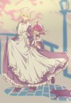  2girls ahoge animal blonde_hair blue_eyes blurry blurry_background blush bow cat eyebrows_visible_through_hair frills green_eyes hair_between_eyes high_heels highres holding_hands maid maid_headdress multiple_girls open_mouth original outdoors parted_lips puffy_sleeves purple_hair short_hair smile somosimosi walking white_bow white_neckwear 