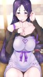  1girl 3yuki absurdres bangs bare_shoulders blush breasts collarbone come_hither fate/grand_order fate_(series) highres large_breasts long_hair looking_at_viewer minamoto_no_raikou_(fate/grand_order) parted_bangs purple_hair ribbed_sweater sitting smile solo sweater very_long_hair violet_eyes 