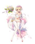  1girl bell blonde_hair blue_eyes bouquet bra destiny_child earrings elbow_gloves flower frown full_body gloves highres jewelry lingerie looking_at_viewer official_art panties petals rose_petals short_hair solo thigh-highs transparent_background underwear veil white_bra white_gloves white_legwear white_panties 