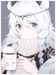  1girl animal_ear_fluff animal_ears arknights bangs blue_eyes braid circlet closed_mouth coffee coffee_mug cup eyebrows_visible_through_hair hair_ribbon highres holding holding_cup ieufg jewelry long_hair looking_at_viewer mug necklace pramanix_(arknights) ribbon silver_hair smile solo tassel turtleneck twin_braids upper_body white_skin 