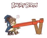  1boy 1girl ? angry_birds arknights batkangaroo brown_eyes brown_hair chinese_commentary doctor_(arknights) glasses owl_ears silence_(arknights) slingshot spoken_question_mark stretch 