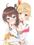  2girls :d blonde_hair blush brown_hair cat_hair_ornament choker coat full-face_blush green_eyes hair_ornament hairclip heterochromia highres hololive hoshikawa_sara hug hug_from_behind long_sleeves manicure multiple_girls natsuiro_matsuri navel nijisanji open_mouth red_eyes seventeen_(st17215) shorts side_ponytail simple_background smile upper_body virtual_youtuber yellow_eyes yuri 