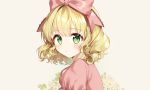  1girl bangs blonde_hair blush bow closed_mouth eyebrows_visible_through_hair flower from_side green_eyes hair_bow hina_ichigo looking_at_viewer looking_to_the_side pink_bow puffy_sleeves rozen_maiden short_hair sigi solo tareme upper_body wavy_mouth 
