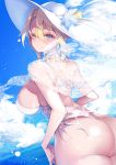  1girl absurdres artoria_pendragon_(all) artoria_pendragon_(swimsuit_ruler)_(fate) ass bangs beach blonde_hair breasts clouds fate/grand_order fate_(series) green_eyes hat highres kanola_u large_breasts looking_at_viewer looking_back parted_lips short_hair sky smile solo sun_hat swimsuit white_swimsuit 