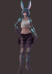  1girl animal_ears bangs blue_eyes blue_hair boots brown_background commission cyberpunk cyborg facing_viewer final_fantasy final_fantasy_xiv full_body holster mechanical_arm midriff parted_lips rabbit_ears short_hair solo tank_top thigh_holster viera vincent_andrada 