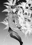  1girl absurdres aozaki_touko ascot bangs eyebrows_visible_through_hair eyes_visible_through_hair fishnet_legwear fishnets flower fur_trim gloves glowing glowing_eye gradient gradient_background greyscale hand_on_own_face high_heels highres looking_at_viewer mahou_tsukai_no_yoru monochrome pantyhose parted_bangs parted_lips short_hair solo tagme takai_isshiki wide-eyed 