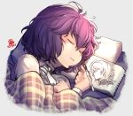  1girl bernadetta_von_varley byleth_(fire_emblem) byleth_eisner_(male) closed_eyes fire_emblem fire_emblem:_three_houses highres holding lying nakabayashi_zun on_side parted_lips pillow purple_hair short_hair sketchbook sleeping solo upper_body 