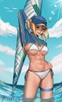  1girl abs absurdres ahoge artoria_pendragon_(all) baseball_cap bikini blonde_hair blue_eyes blue_headwear blue_sky breasts clouds day english_commentary fate/grand_order fate_(series) hat highres holding holding_weapon large_breasts looking_at_viewer lunashiba medium_hair mysterious_heroine_xx_(foreigner) navel polearm ponytail side-tie_bikini sky smile solo spear swimsuit thigh_strap twinmyniad wading water weapon white_bikini 