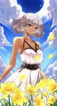  1girl absurdres altera_(fate) bare_shoulders casul clouds cloudy_sky collarbone dark_skin day dress english_commentary fate/grand_order fate_(series) flower grey_hair highres huge_filesize long_dress looking_at_viewer petals red_eyes short_hair sky sleeveless sleeveless_dress smile solo tattoo yellow_flower 
